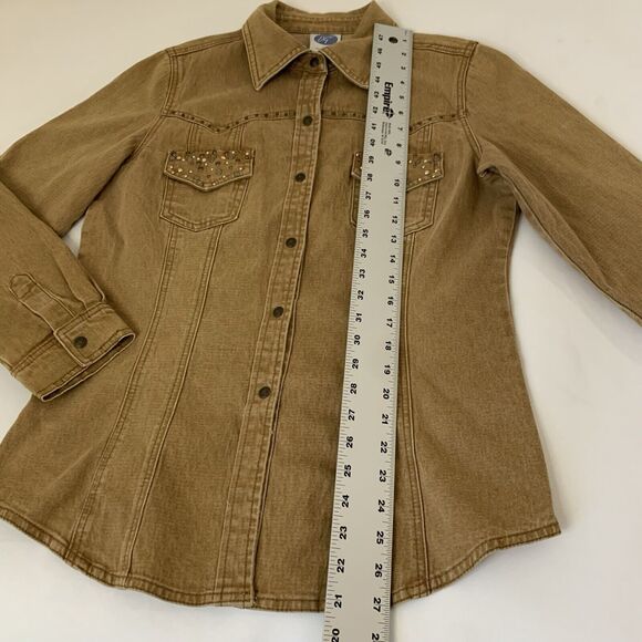 DG2 Denim Jacket Shacket M Snap Button Tan Embellished Flap Pocket Western Rodeo - Picture 7 of 10